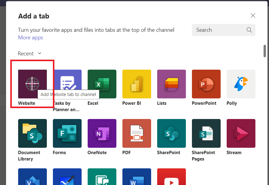 add website tab to Teams