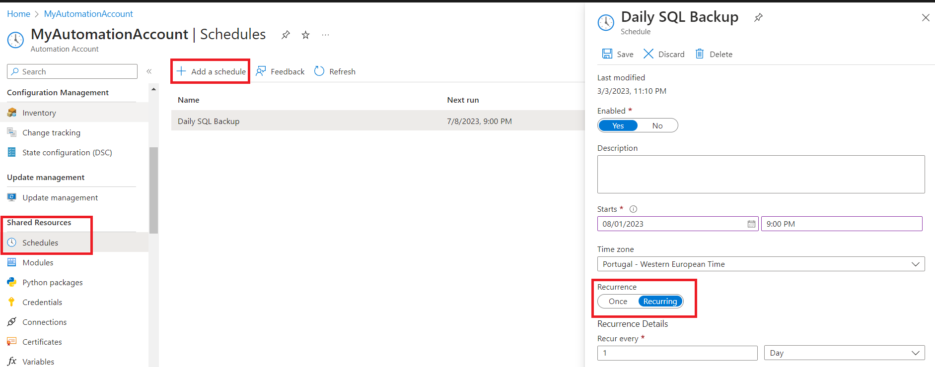 Azure Automation Account Runbook Schedule