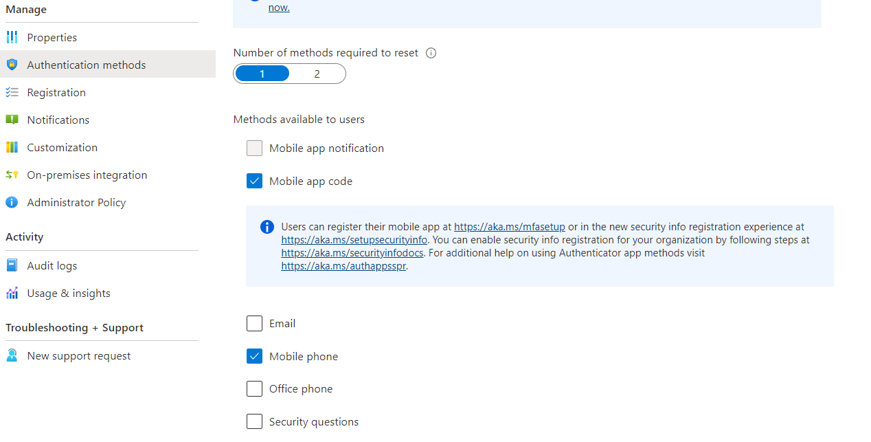 Microosft 365 self service password reset methods